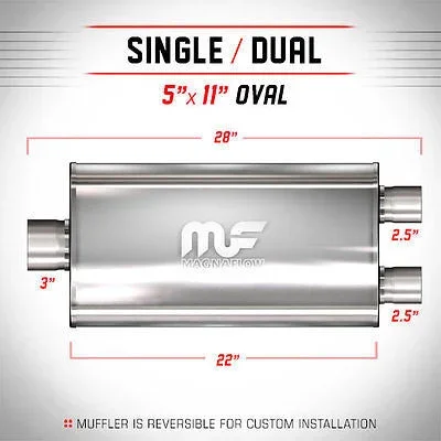 3- 2.5 Dual 5×11 Oval 22 Satin Stainless Universal Exhaust Muffler | MagnaFlow