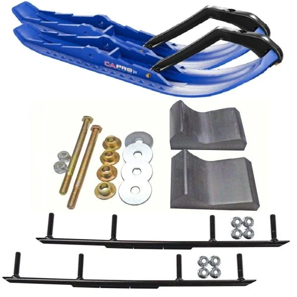 C&A Pro Blue TMX Snowmobile Skis w/ 4″ Round Bars Complete Kit Polaris Trailing Arm Suspension