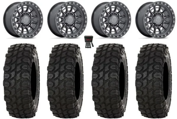 Fuel Cycle 15″ Wheels Gunmetal +10mm 32″ XComp ATR Tires Kawasaki Teryx Mule