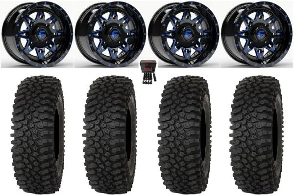 Fuel Lethal 14″ Wheels Blue 27″ Roctane ST Tires Kawasaki Mule Pro FXT KRX / Yamaha Wolverine RMAX / YXZ 2019+