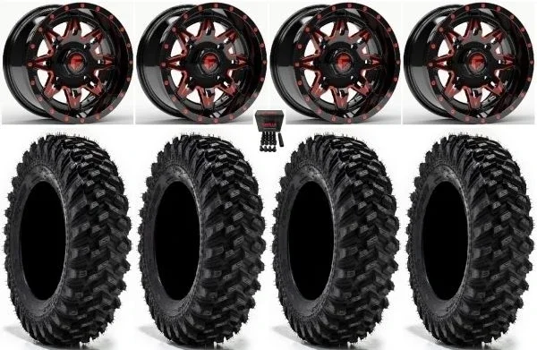 Fuel Lethal 14″ Wheels Red 28″ Warrior XT Tires Sportsman 550 850 1000