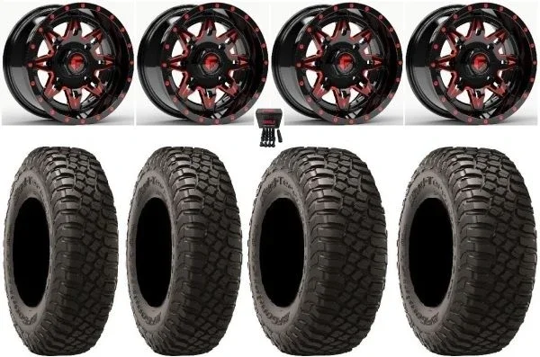 Fuel Lethal Red 14″ Wheels 29″ BFG KM3 Tires Polaris Sportsman / RZR / Ranger