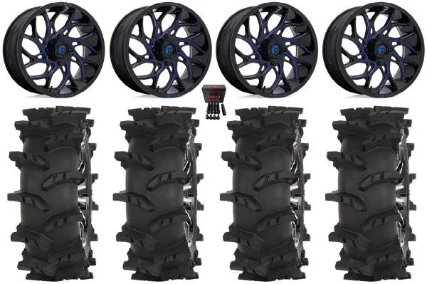 Fuel Runner 24″ Wheels Blue 40″ Outlaw Max Tires Kawasaki Mule Pro FXT KRX / Yamaha Wolverine RMAX / YXZ 2019+