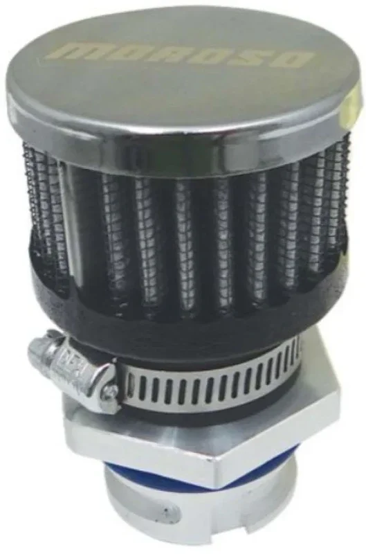 Moroso Breather – Screw-In – Round – GM LS Single Tab – Clamp-On Filter – Moroso Logo