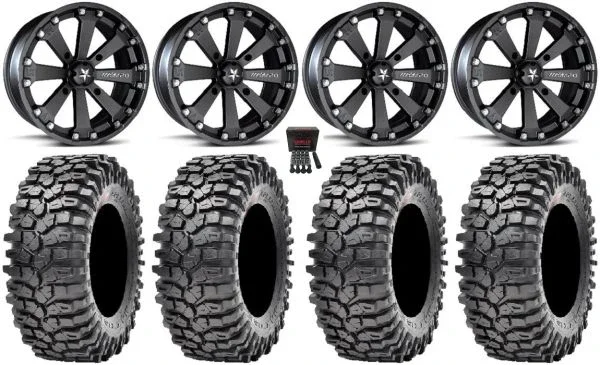 MSA Black Kore 14″ UTV Wheels 32″ Roxxzilla Tires Yamaha Viking Wolverine YXZ1000R CFMoto ZForce 950 UForce 1000