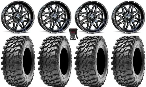 MSA Black Vibe 14″ ATV Wheels 32″ Rampage Tires Can-Am Commander Maverick Renegade Outlander Defender