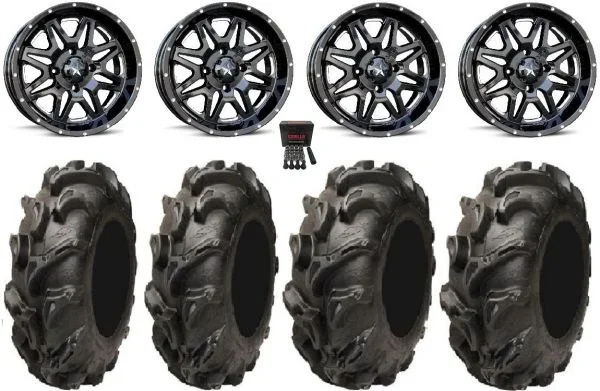 MSA Black Vibe 14″ UTV Wheels 28″ Mega Mayhem Tires Honda Pioneer