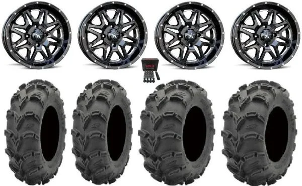 MSA Black Vibe 14″ UTV Wheels 28″ Mud Lite XL Tires Kawasaki Mule Pro FXT KRX / Yamaha Wolverine RMAX / YXZ 2019+