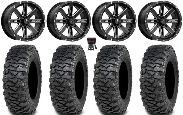 MSA Boxer 15″ Wheels Milled 32″ Savage XT Tires Can-Am Commander Maverick Renegade Outlander Defender