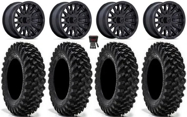 MSA Creed 14″ Wheels Black 34″ Warrior XT Sticky Tires Kawasaki Teryx Mule