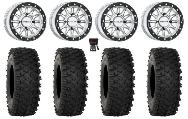 Raceline Alpha Hyper 15″ Wheels Silver 32″ ATX470 Tires Kawasaki Mule Pro FXT KRX / Yamaha Wolverine RMAX / YXZ 2019+