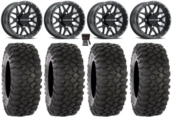 Raceline Krank 14″ Wheels Black 28″ XC450 Tires Yamaha Viking Wolverine YXZ1000R CFMoto ZForce 950 UForce 1000