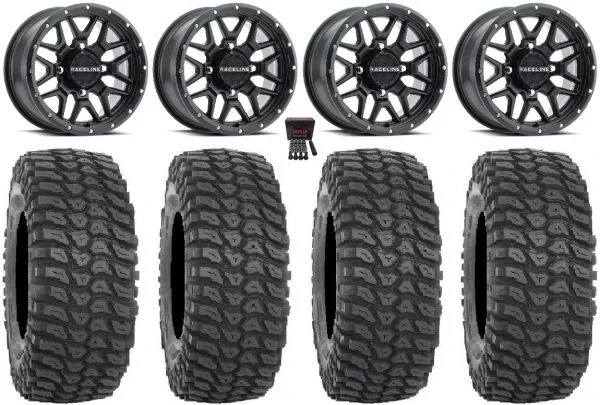 Raceline Krank 14″ Wheels Black 28″ XCR350 Tires Yamaha Viking Wolverine YXZ1000R CFMoto ZForce 950 UForce 1000