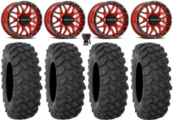 Raceline Krank 14″ Wheels Red 30″ XTR370 Tires Yamaha Viking Wolverine YXZ1000R CFMoto ZForce 950 UForce 1000