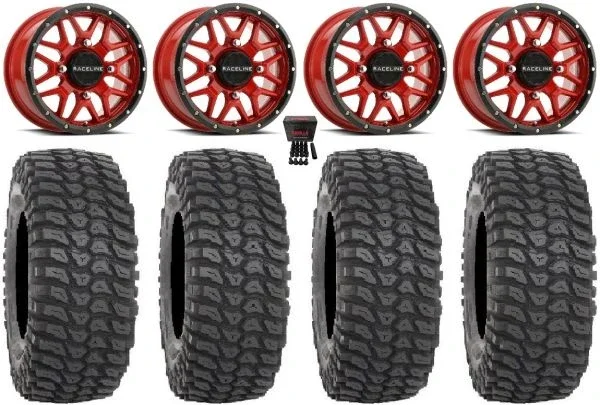 Raceline Krank 15″ Wheels Red 32″ XCR350 Tires Kawasaki Mule Pro FXT KRX / Yamaha Wolverine RMAX / YXZ 2019+