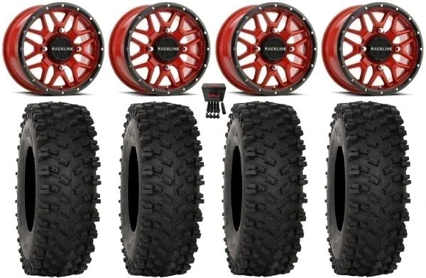 Raceline Krank 15″ Wheels Red 35″ ATX470 Tires Polaris Sportsman / RZR / Ranger