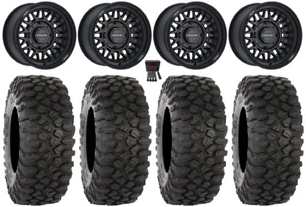 Raceline Omega 14″ Wheels Black 30″ XC450 Tires Kawasaki Mule Pro FXT KRX / Yamaha Wolverine RMAX / YXZ 2019+