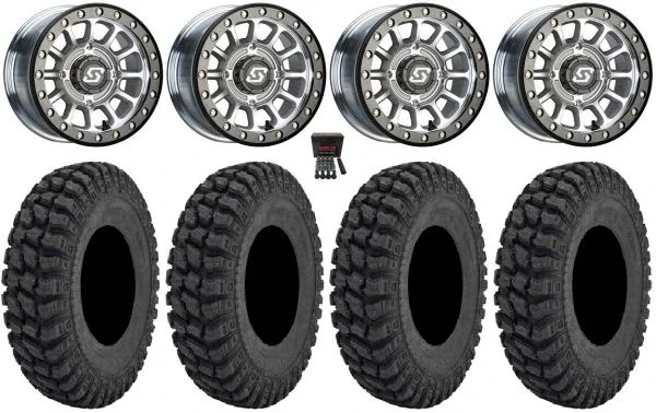 Sedona Sano Bdlk 14″ Wheels Ct +30mm 28″ Warrior AT Tires Kawasaki Mule Pro FXT KRX / Yamaha Wolverine RMAX / YXZ 2019+