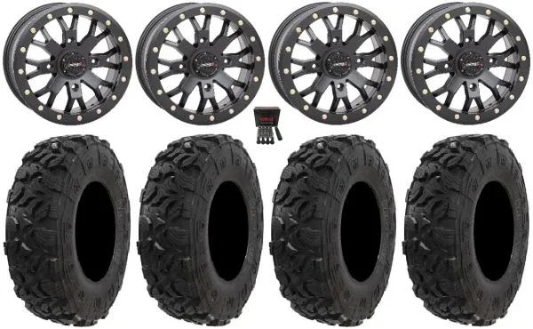 System 3 SB-4 14″ Wheels Black (4+3) 27″ Harvester Tires Kawasaki Mule Pro FXT KRX / Yamaha Wolverine RMAX / YXZ 2019+