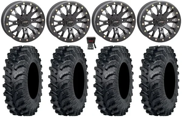 System 3 SB-4 14″ Wheels Black (6+1) 28″ MT911 Tires Can-Am Commander Maverick Renegade Outlander Defender