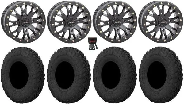 System 3 SB-4 15″ Wheels Black (6+1) 33″ Gripper R/T Tires Kawasaki Mule Pro FXT KRX / Yamaha Wolverine RMAX / YXZ 2019+