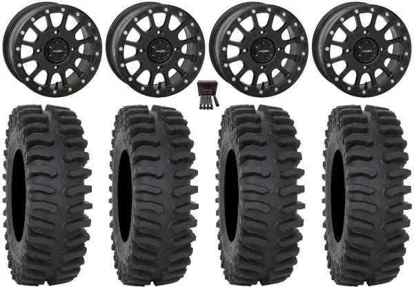 System 3 SB-5 Black 14″ Wheels 28″ XT400 Tires Can-Am Commander Maverick Renegade Outlander Defender