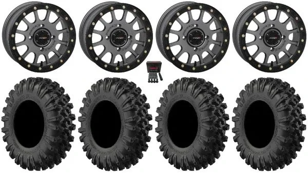 System 3 SB-5 Grey 14″ Wheels 30″ MotoRavage XL Tires Kawasaki Mule Pro FXT KRX / Yamaha Wolverine RMAX / YXZ 2019+