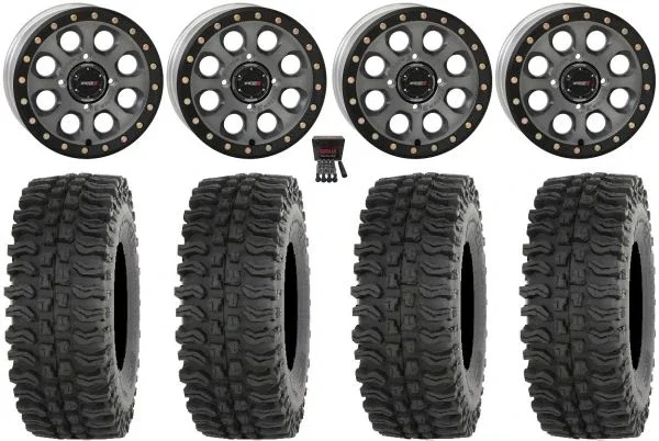 System 3 SB-7 14″ Wheels Titanium (4+3) 28″ BDC Tires Kawasaki Mule Pro FXT KRX / Yamaha Wolverine RMAX / YXZ 2019+