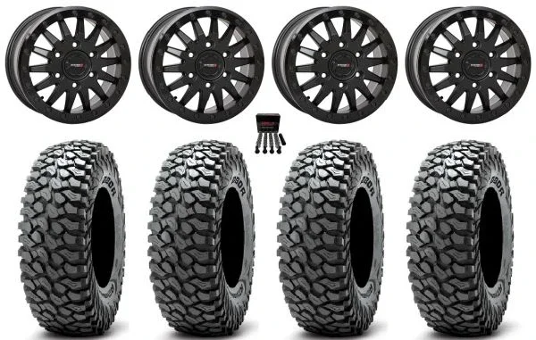 System 3 SB-8 Bdlk 15″ Wheels Bk +38mm 35″ RocScraper Sticky Tires Can-Am Maverick R