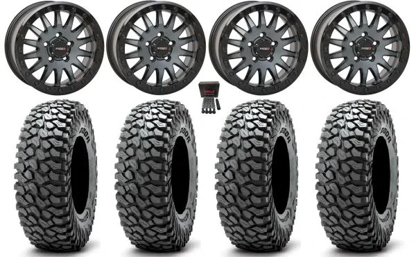 System 3 SB-8 Bdlk 15″ Wheels Gy +38mm 32″ RocScraper Tires Polaris RZR Turbo R & Pro R Ranger 1500 Xpedition