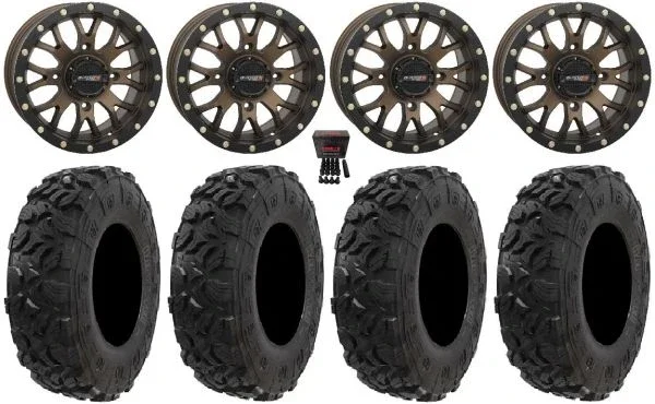 System 3 ST-3 14″ Wheels Bronze 28″ Harvester Tires Kawasaki Mule Pro FXT KRX / Yamaha Wolverine RMAX / YXZ 2019+
