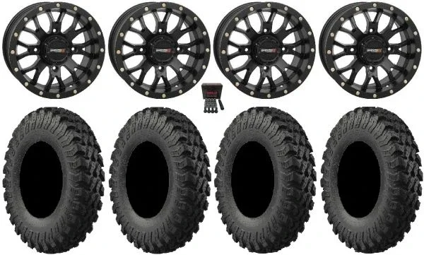 System 3 ST-3 Black 14″ Wheels 30″ MotoRally Tires Can-Am Maverick X3 / Honda Pioneer 1000 / Talon