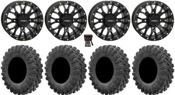 System 3 ST-3 Black 14″ Wheels 30″ MotoRavage Tires Yamaha Viking Wolverine YXZ1000R CFMoto ZForce 950 UForce 1000