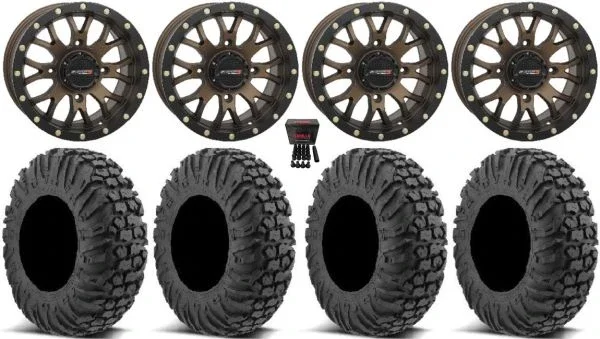 System 3 ST-3 Bronze 14″ Wheels 28″ MotoVator Tires Honda Rincon Yamaha Rhino Kawasaki Brute Force Suzuki KingQuad