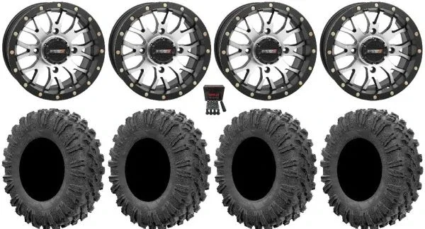 System 3 ST-3 Machined 14″ Wheels 32″ MotoRavage Tires Polaris Sportsman / RZR / Ranger
