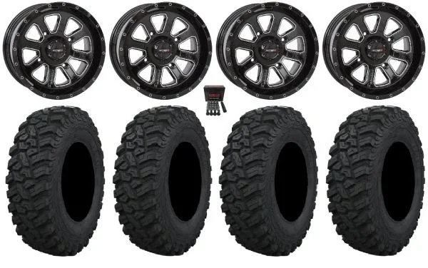 System 3 ST-4 14″ Wheels Black 29″ Trekker Tires Kawasaki Mule Pro FXT KRX / Yamaha Wolverine RMAX / YXZ 2019+