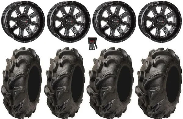 System 3 ST-4 Black 14″ Wheels 28″ Mega Mayhem Tires Honda Foreman Rancher SRA