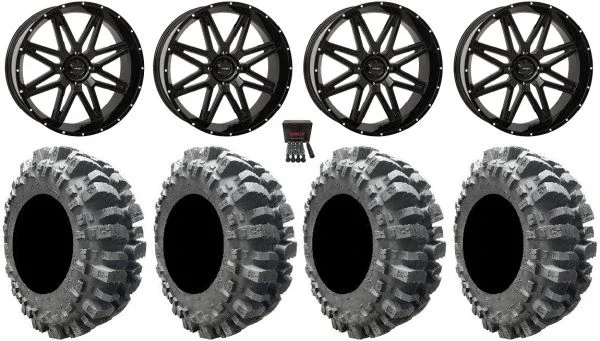 System 3 ST-7 20″ Wheels Black 35″ Bogger Tires Kawasaki Mule Pro FXT KRX / Yamaha Wolverine RMAX / YXZ 2019+