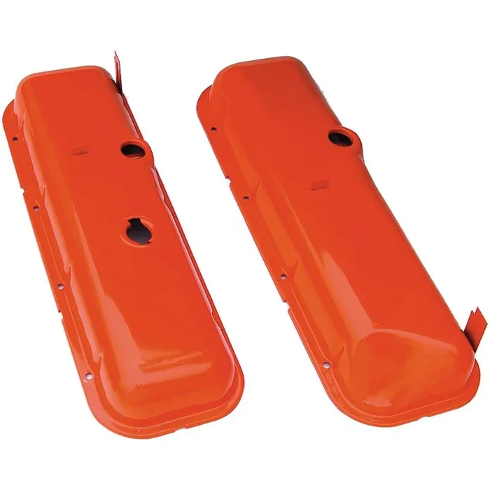 Trans-Dapt Valve Cover – Stock Height – Baffled – Breather Holes – Orange Powder Coat – Big Block Chevy – Pair