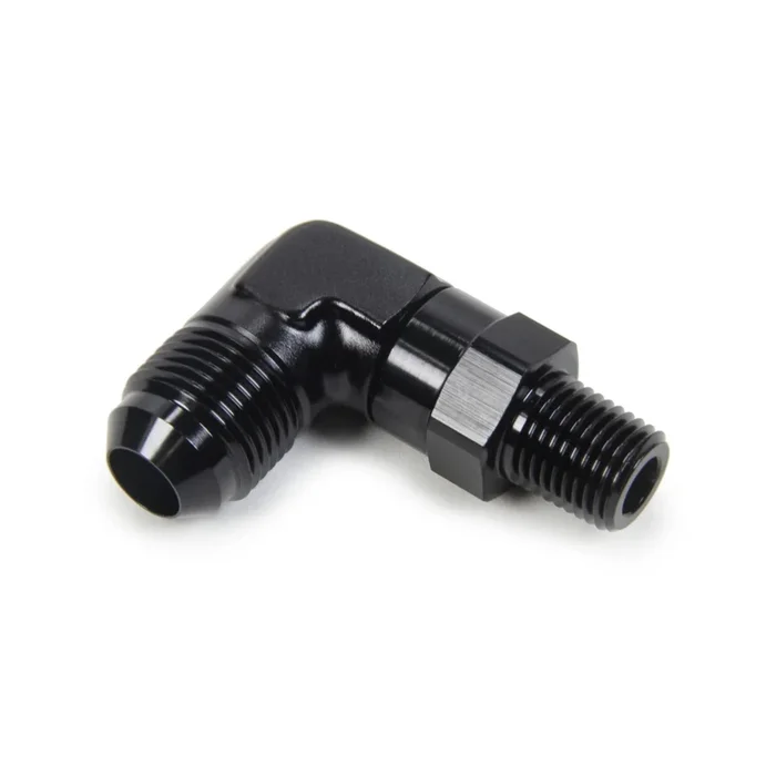 Triple X Adapter Fitting 90 Degree 8 AN Male to 1/4 ” NPT Male Swivel Aluminum – Black Anodize