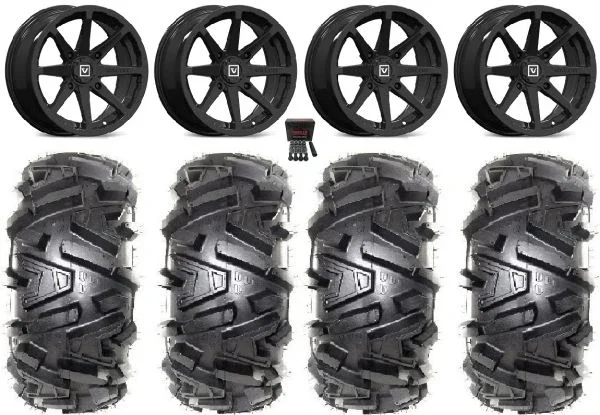 Valor V01 14″ Wheels Black 28″ Moto MTC Tires Kawasaki Mule Pro FXT KRX / Yamaha Wolverine RMAX / YXZ 2019+
