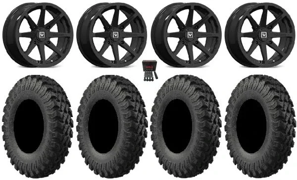 Valor V01 14″ Wheels Black 28″ MotoRally Tires Can-Am Maverick X3 / Honda Pioneer 1000 / Talon