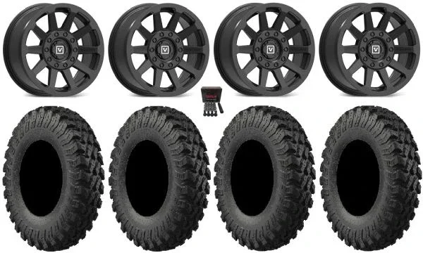 Valor V02 15″ Wheels Black 30″ MotoRally Tires Can-Am Commander Maverick Renegade Outlander Defender