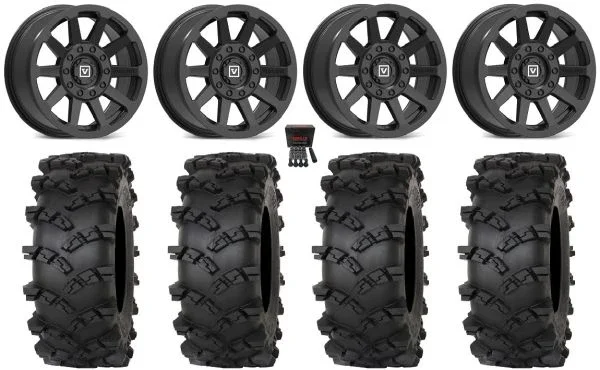 Valor V02 15″ Wheels Black 33″ Outlaw M/T Tires Can-Am Maverick X3 / Honda Pioneer 1000 / Talon