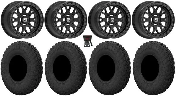 Valor V07 Beadlock 15″ Wheels Black 30″ Gripper R/T Tires Kawasaki Mule Pro FXT KRX / Yamaha Wolverine RMAX / YXZ 2019+