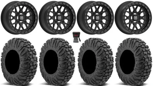 Valor V07 Beadlock 15″ Wheels Black 34″ MotoVator Tires Can-Am Commander Maverick Renegade Outlander Defender