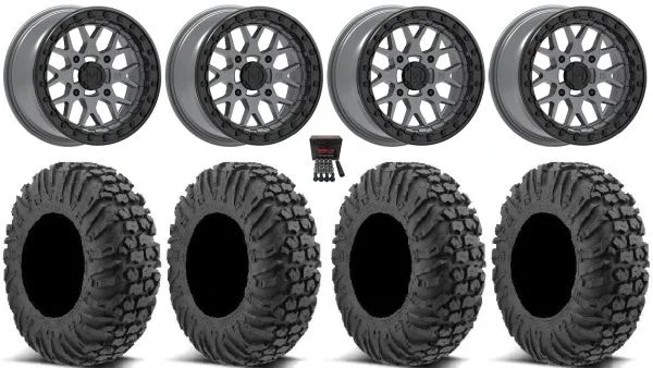 Valor V07 Beadlock 15″ Wheels Graphite 30″ MotoVator Tires Can-Am Commander Maverick Renegade Outlander Defender
