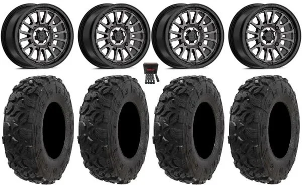 Valor V14 14″ Wheels Dark Tint 27″ Harvester Tires Sportsman 550 850 1000