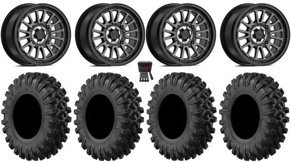 Valor V14 14″ Wheels Dark Tint 28″ MotoRavage XL Tires Sportsman 550 850 1000