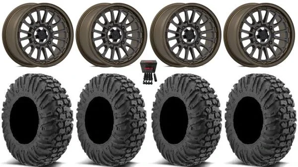 Valor V14 15″ Wheels Root Beer 30″ MotoVator Tires Can-Am Maverick X3 / Honda Pioneer 1000 / Talon